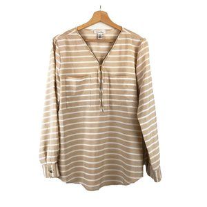 Calvin Klein Beige White Stripe Blouse With Zipper Roll Tab Sleeve M